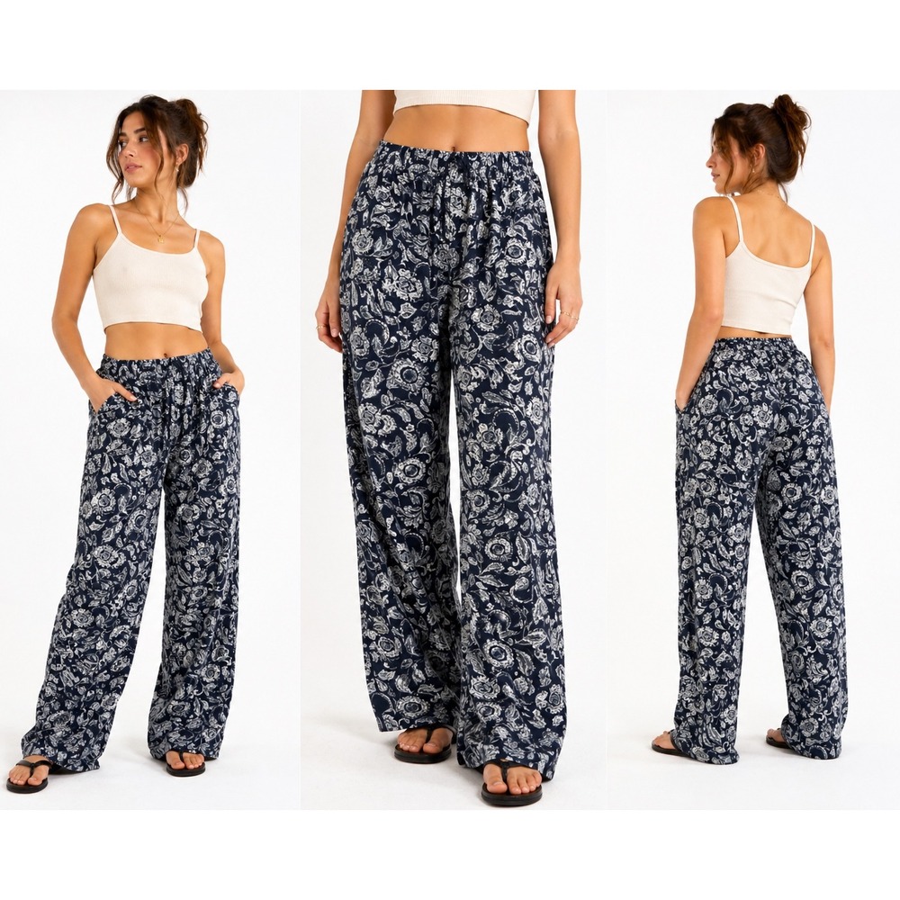O'Neill Cameren Pant Women XS Navy Paisley Floral Elastic Waist Boho Tapered